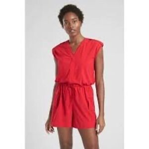 Athleta Red V Neck Utility Style Drawstring Waist Romper Jumpsuit Size 12